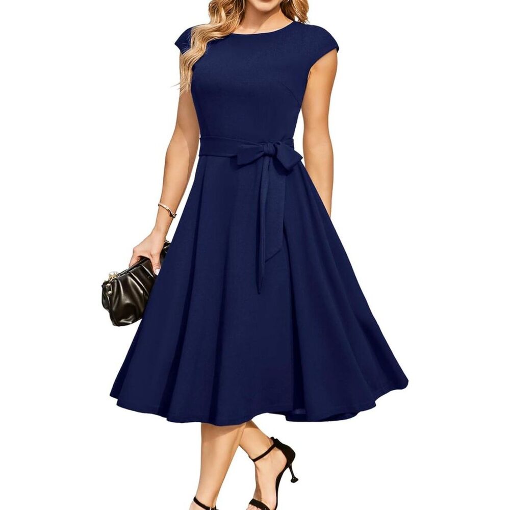 Brand New Dresstells Navy Blue Vintage Cocktail Midi Dress